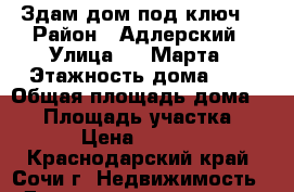 Здам дом под ключ  › Район ­ Адлерский › Улица ­ 8 Марта › Этажность дома ­ 2 › Общая площадь дома ­ 95 › Площадь участка ­ 6 › Цена ­ 3 600 - Краснодарский край, Сочи г. Недвижимость » Дома, коттеджи, дачи аренда   . Краснодарский край,Сочи г.